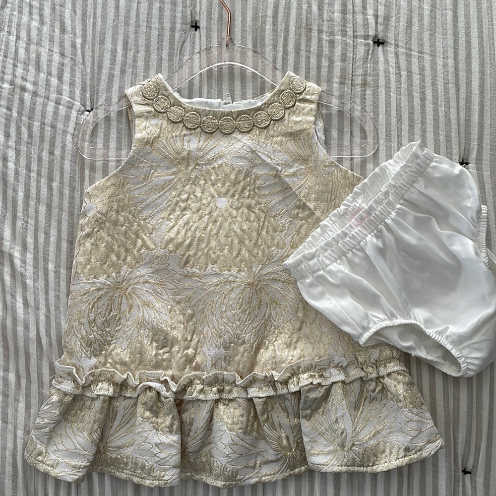 Lilly Pulitzer baby gold & white dress with bummies 6-12 months